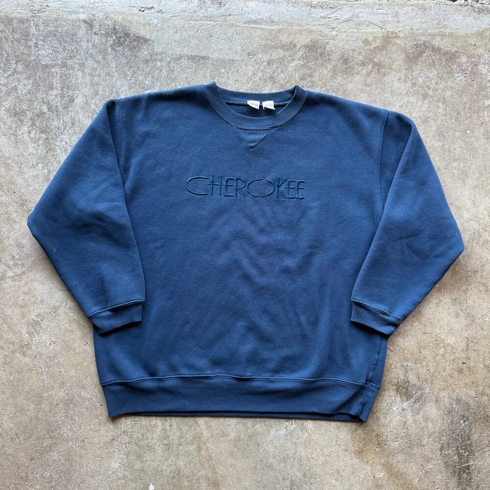 Vtg 90s/00s Cherokee Brand Embroidered Spellout Navy Blue Sweatshirt Size XL